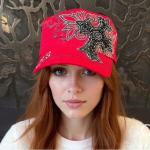 Rhinestone Studded Cross Red Cap